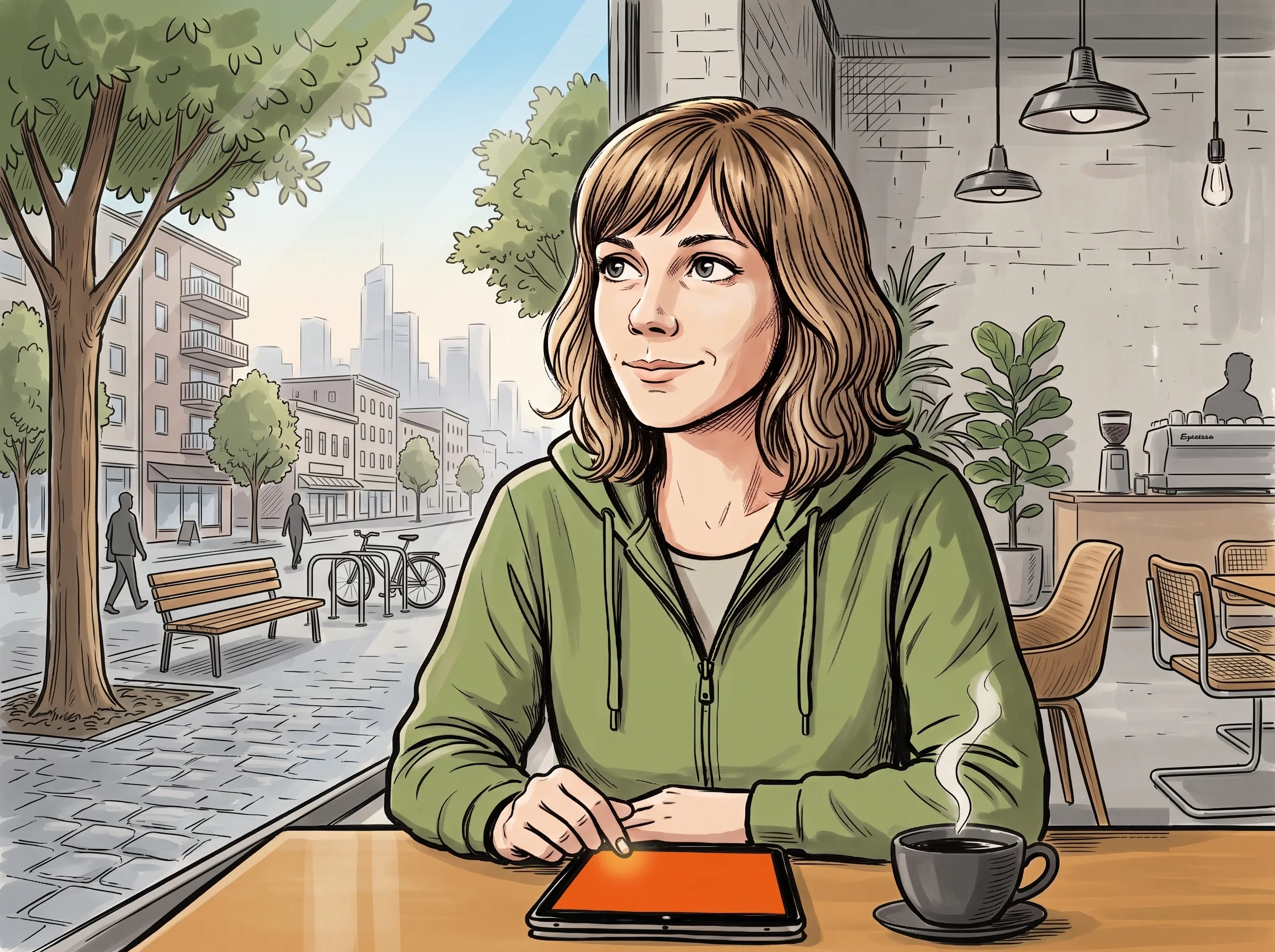 Lina, 32, in Sage-Green-Hoodie im Café am Fenster, auf dem Holztisch das Tablet mit dem ersten Timer des Tages.