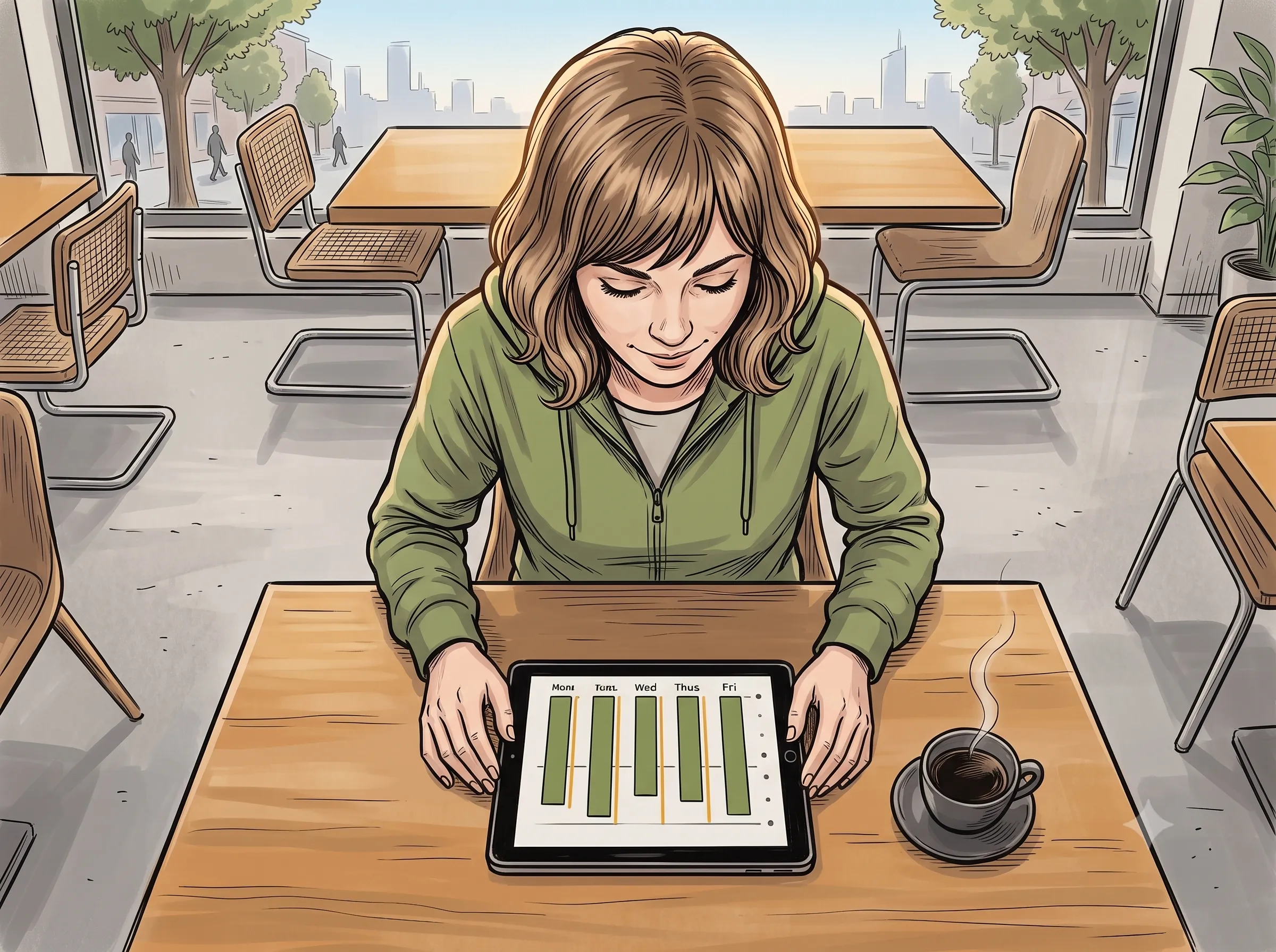 Lina lehnt sich zurück, ein Blick auf das Tablet mit der Auslastungs-Ansicht — die Woche als klare Balken.