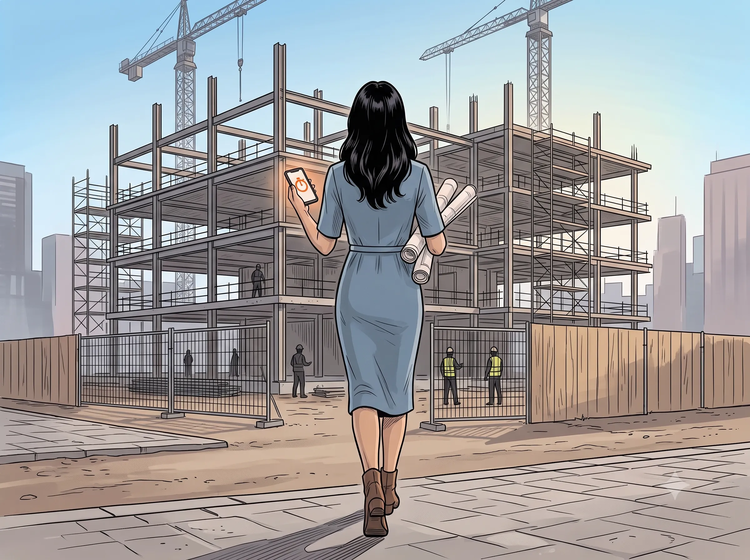 Nadja Blanc in blauem Midi-Kleid unterwegs auf der Baustelle, das Smartphone in der Hand — der Schnellstart-Timer läuft.