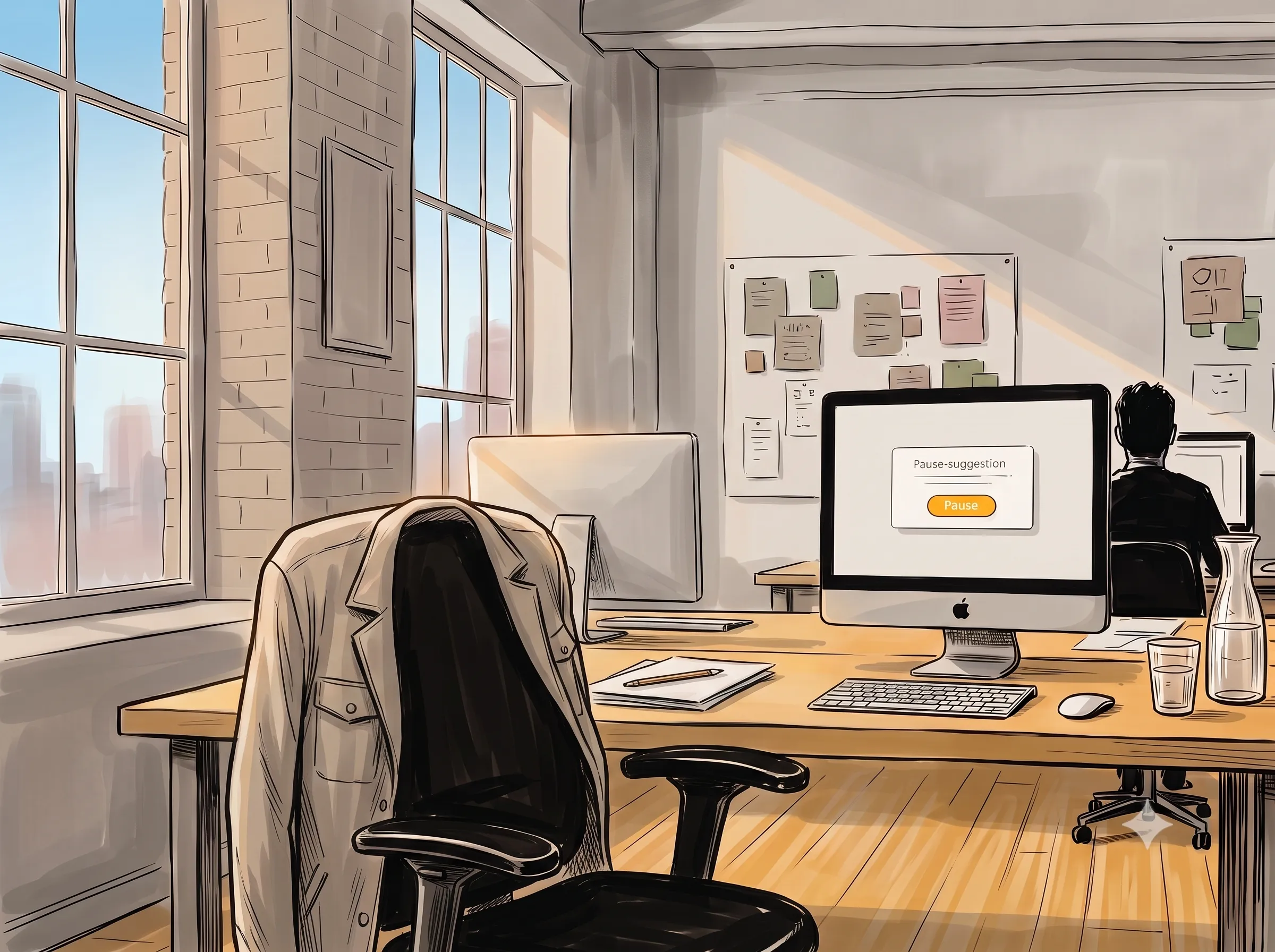 Der leere Stuhl des Art Directors zur Mittagspause, die Jacke über der Lehne, auf dem Mac-Display leuchtet eine Pause-Rückfrage.